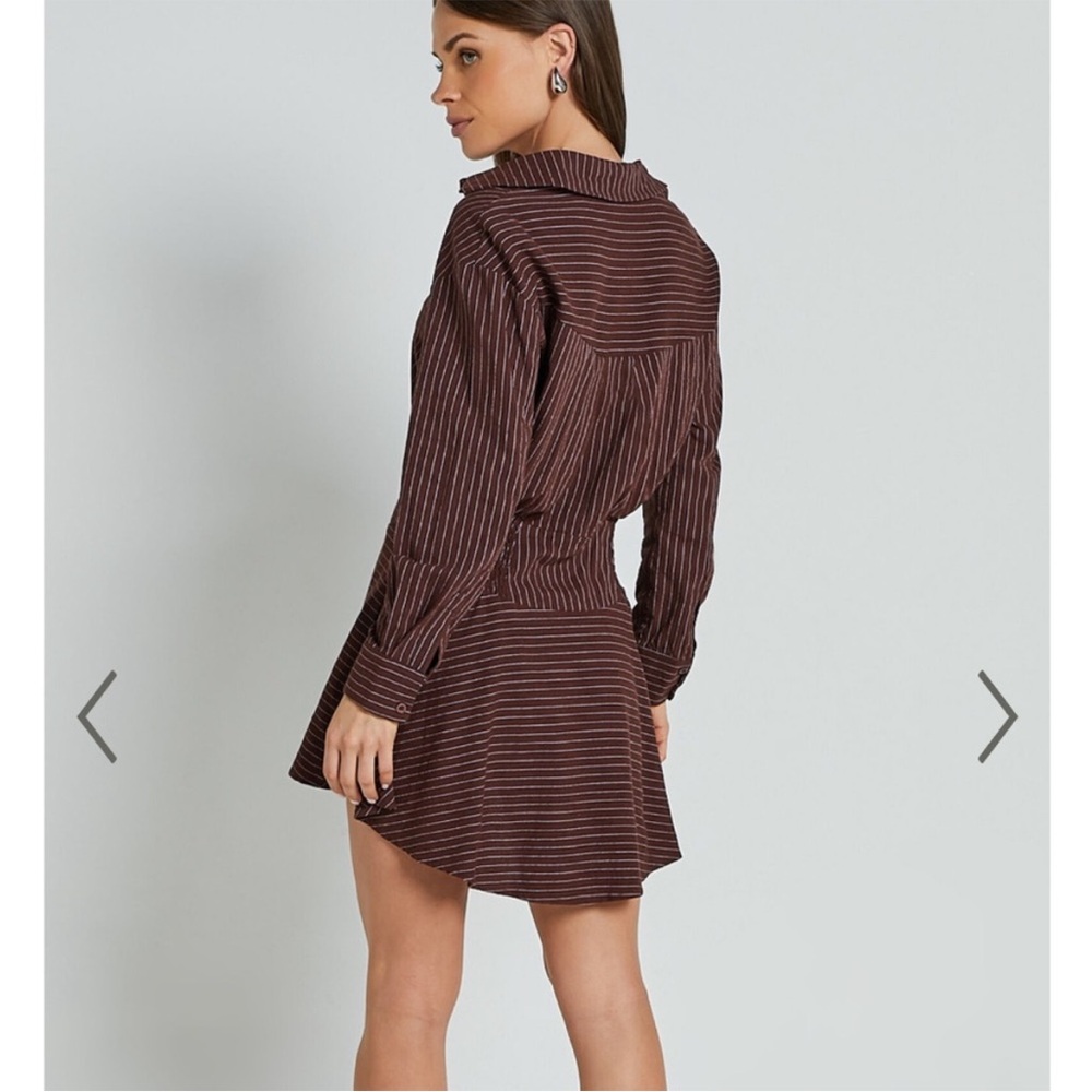 WHITNEY MINI DRESS - LINEN LOOK LONG SLEEVE SHIRT DRESS IN CHOCOLATE PINSTRIPE 2 - Picture 5 of 16